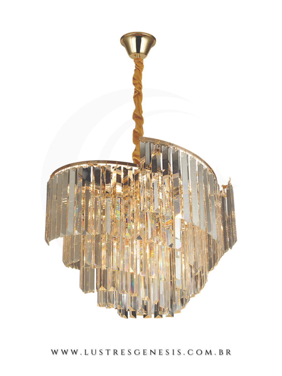 Lustre Moderno de Cristal Dourado 60x39cm Redondo, Sala de Jantar, Mesa Sala de Jantar, Sala de Estar, Quarto Casal, Suite Master